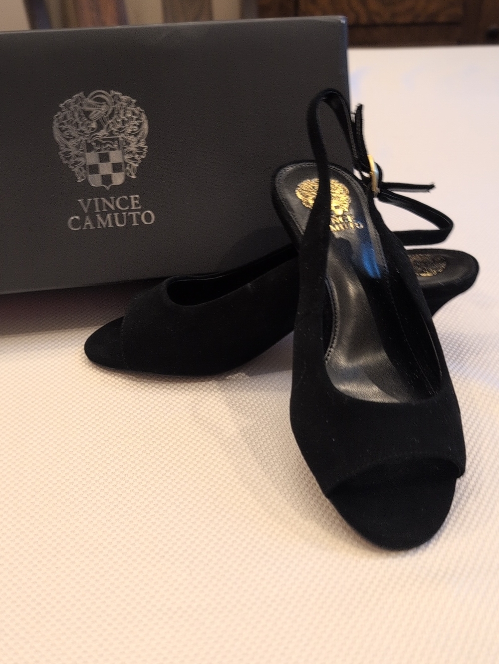 Vince Camuto Black Torano Suede Peep-Toe Slingbacks With Kitten Heels